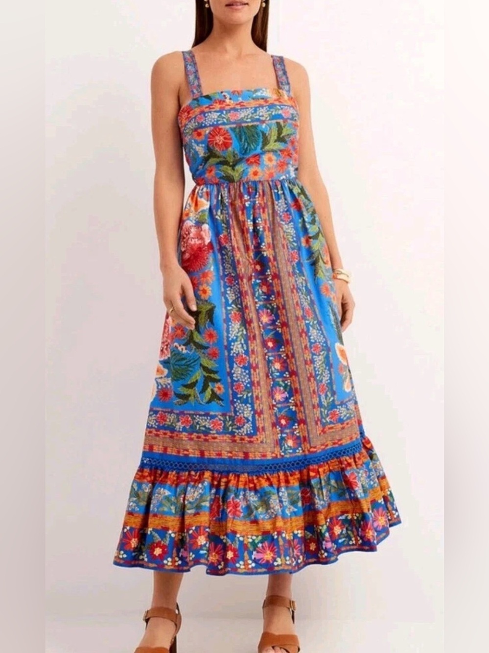 Farm Rio stitched garden blue maxi dress floral bow medium